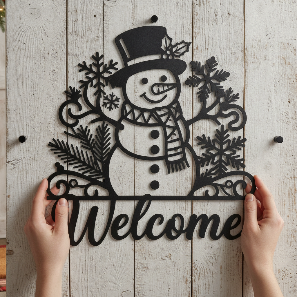 Schneemann mit Zylinder und Schneeflocken Willkommensschild – Bild 3