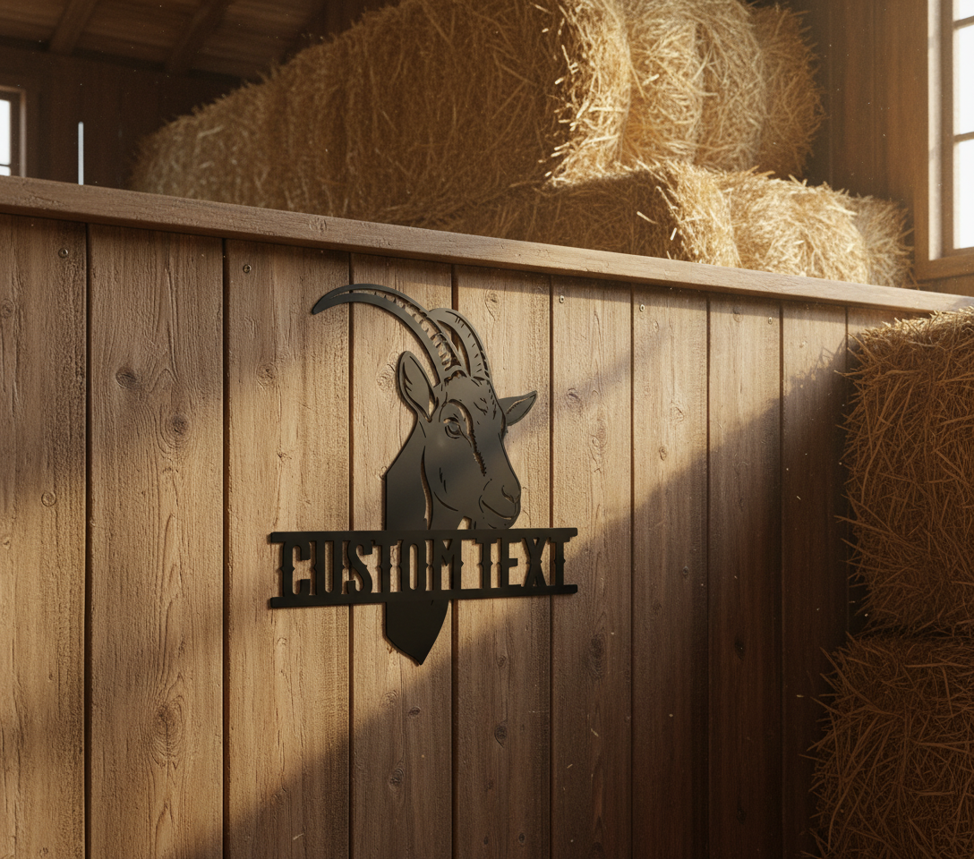 Personalized goat head metal sign with name for the goat barn in black steel – image 10