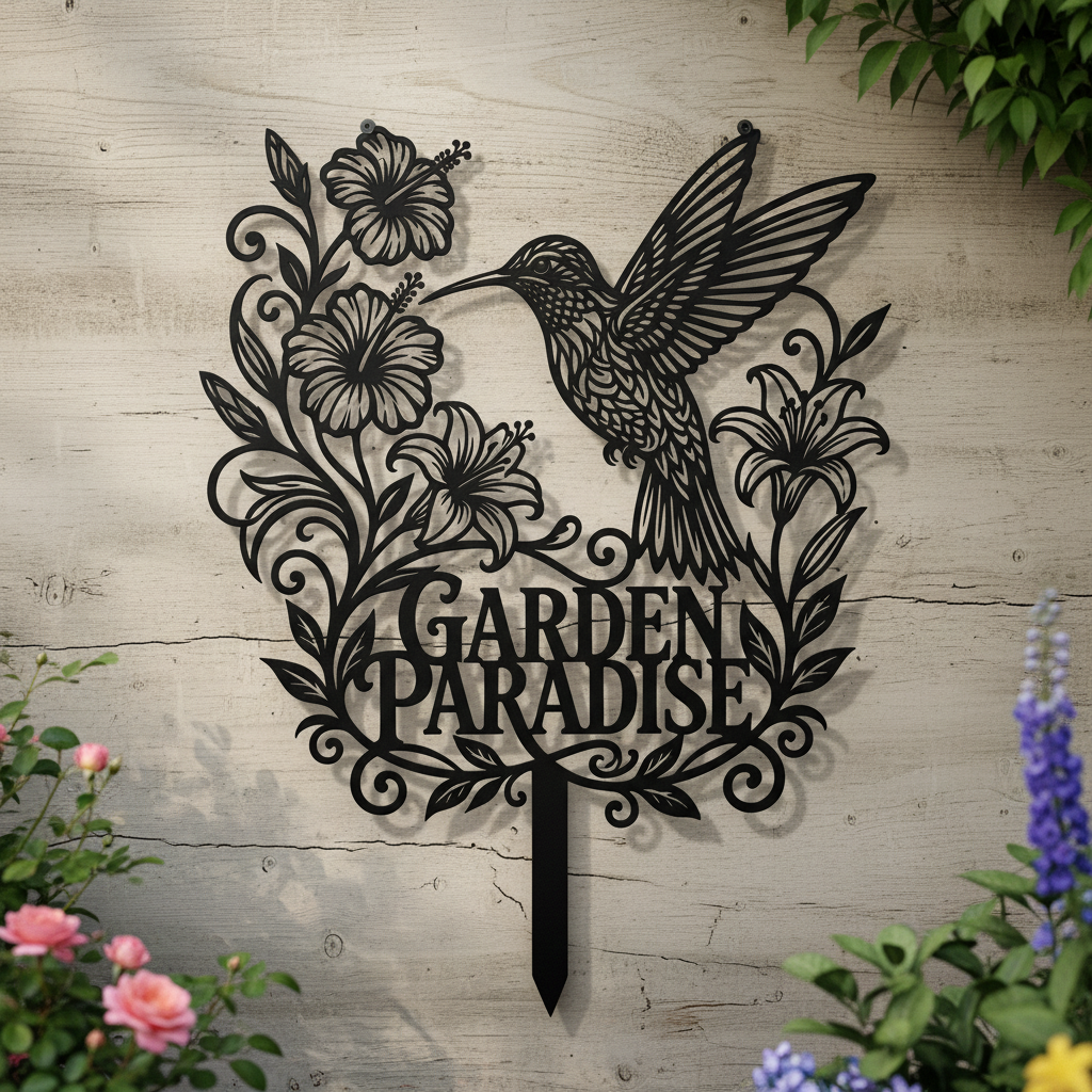 Kolibri Gartenparadies mit Hibiskus und Lilien Gartenstecker – Bild 5