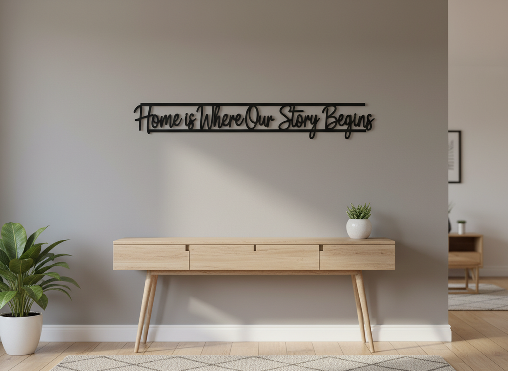 Home is where our story begins metal word art quote in black steel – image 2