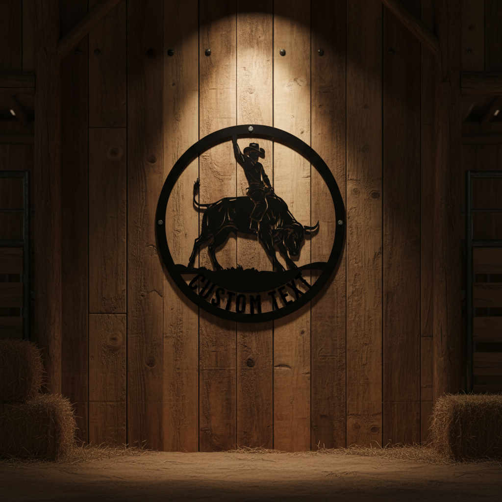 Personalized round rodeo bull rider metal sign with name in black steel – image 4