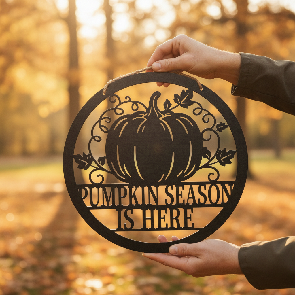Round Pumpkin Season Is Here metal sign with pumpkins and vines – image 6