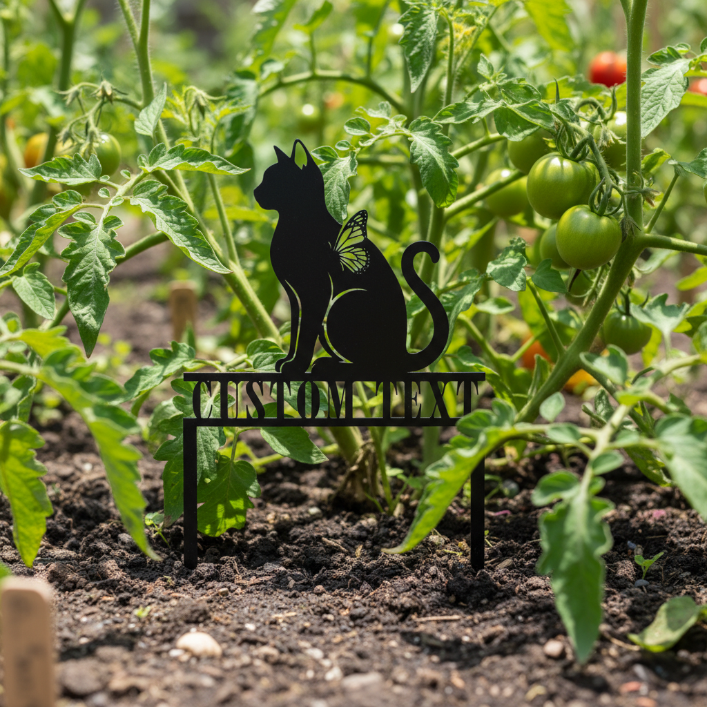 Personalized cat and butterfly memorial garden stake with name in black steel – image 5