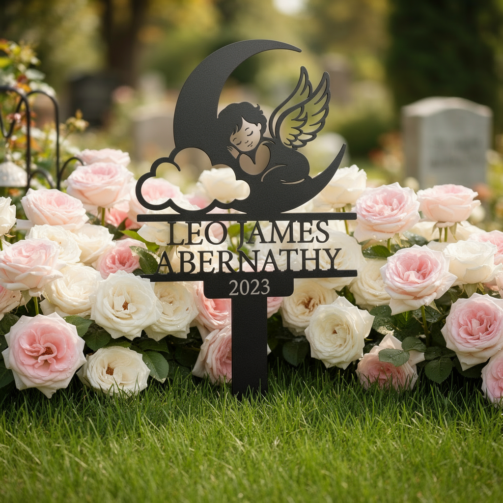 Personalized memorial stake with sleeping angel on crescent moon and cloud in black steel – image 8