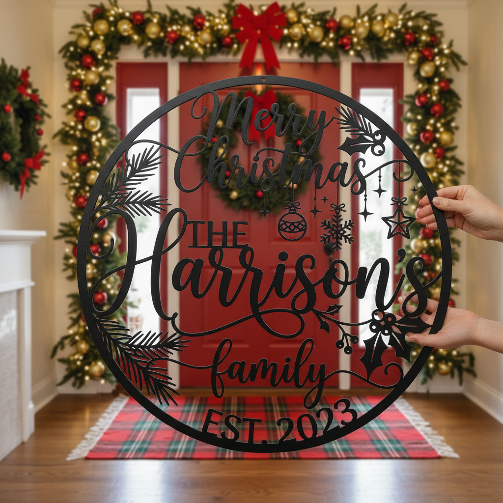Personalisiertes Familienschild Merry Christmas mit Familienname aus schwarzem Stahl – Bild 9