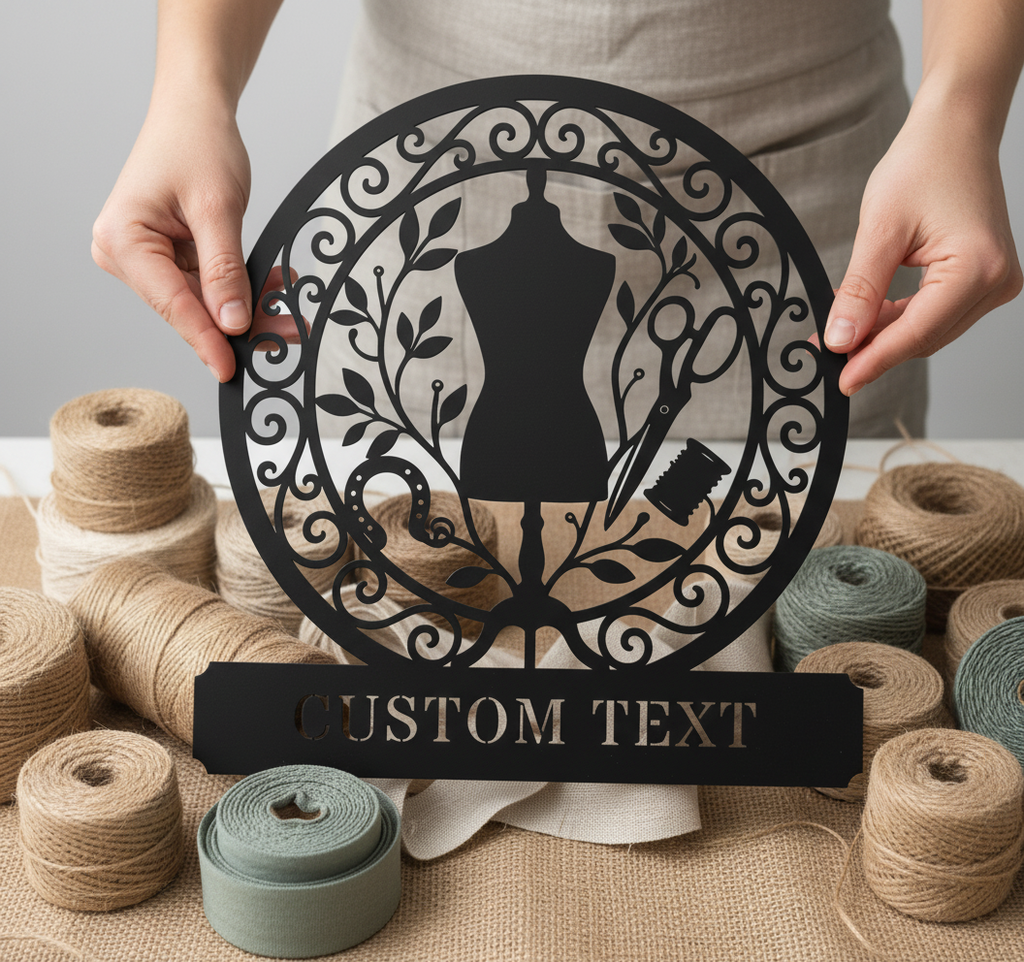 Personalized round sewing room metal sign with dress form, scissors, thread and name – image 10