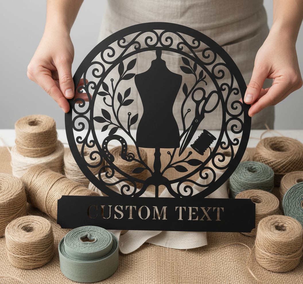 Personalized round sewing room metal sign with dress form, scissors, thread and name – image 10