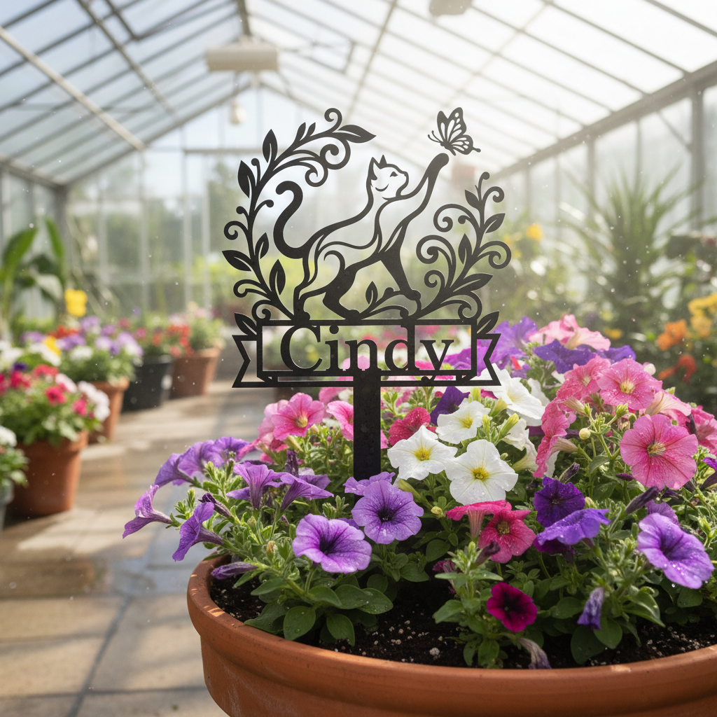 Personalisierter Katze mit Schmetterling Rankenrahmen Gartenstecker – Bild 1