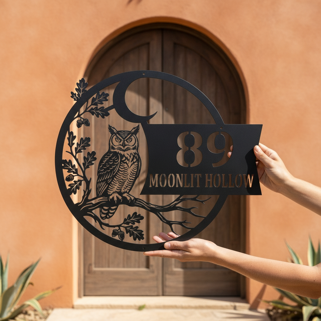 Personalized owl house number sign with crescent moon in black steel – image 10