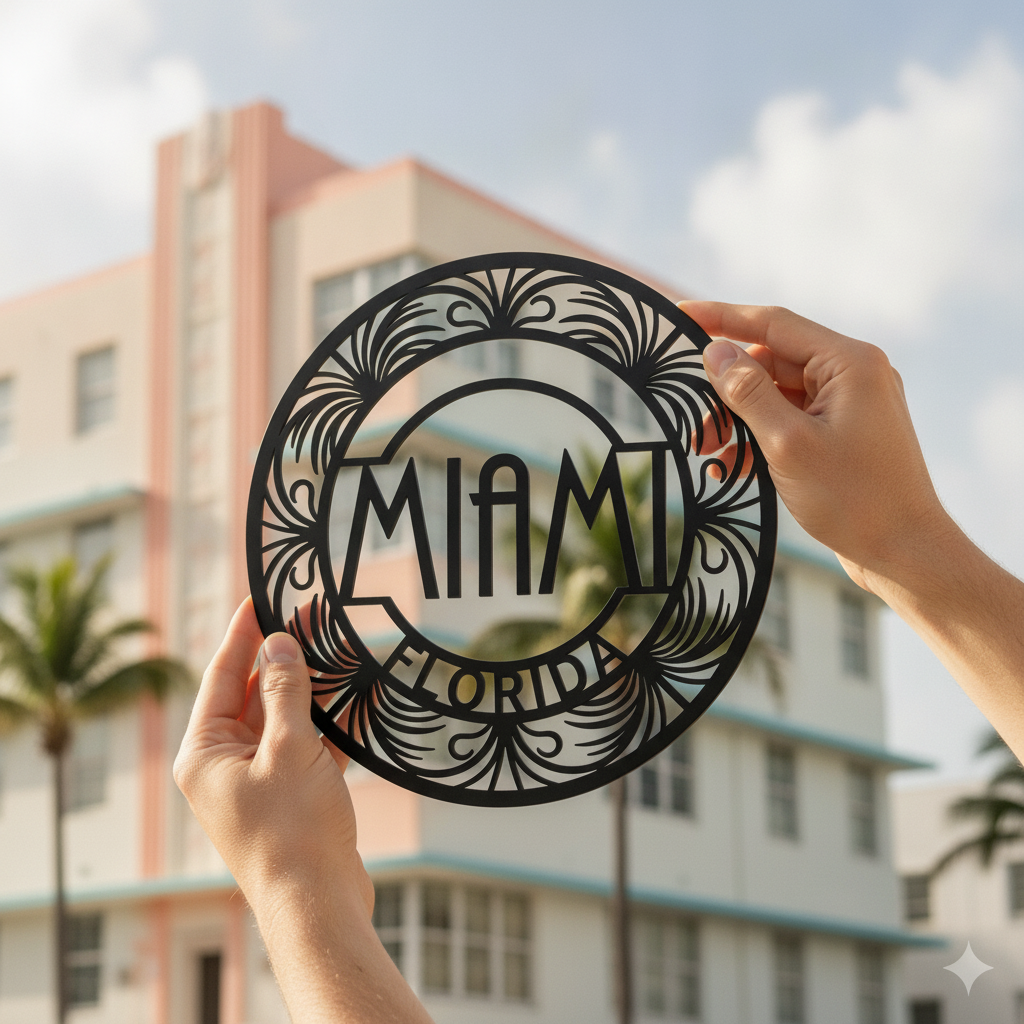 Round Miami metal sign with Art Deco buildings and palm trees in black steel – image 10