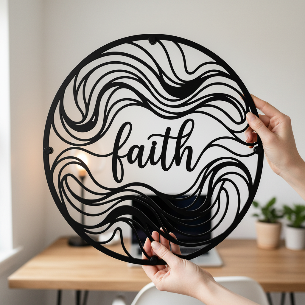 Round Faith metal sign with abstract waves in black steel – image 10