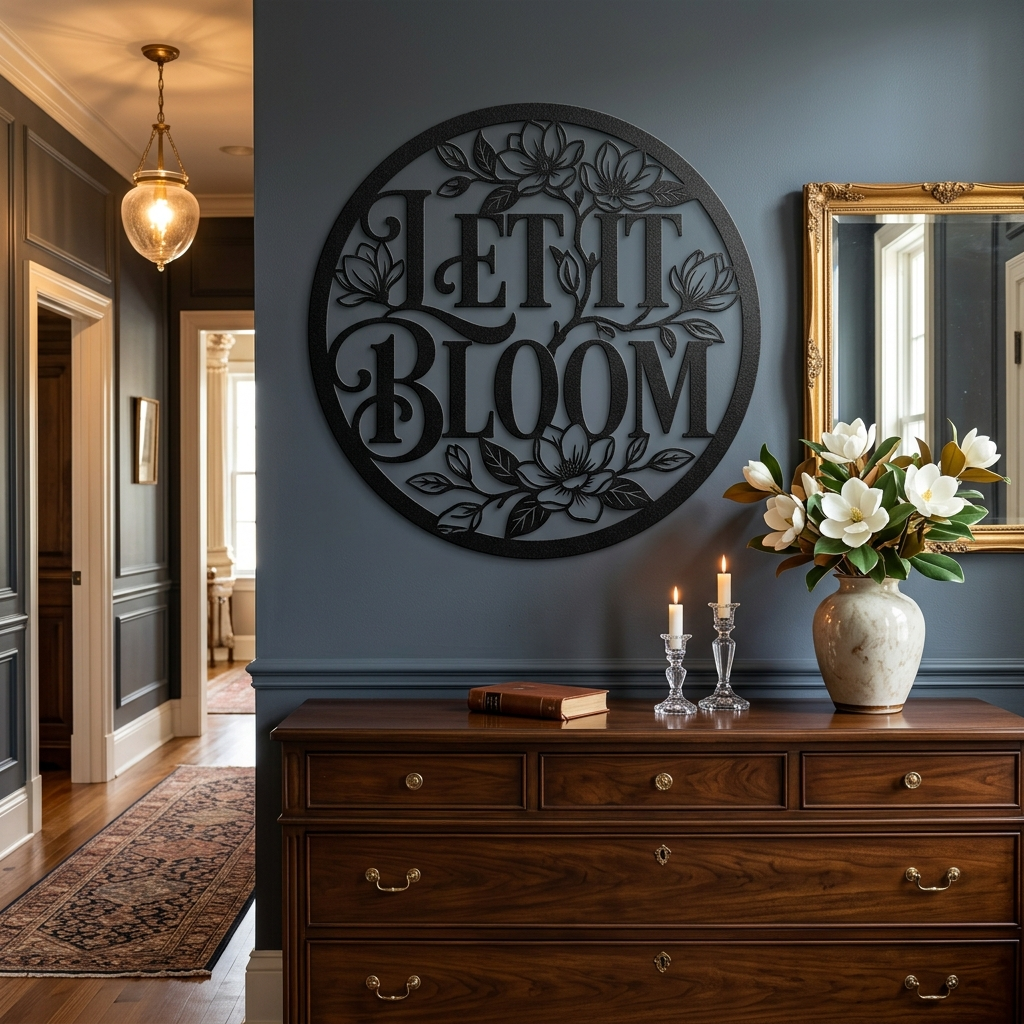 Personalisiertes rundes Gartenschild Let it Bloom mit Blumenkranz und Namen