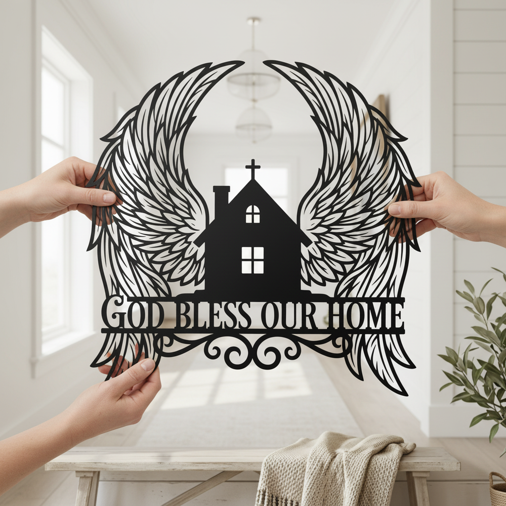 Personalized God Bless Our Home metal sign with angel wings in black steel – image 3