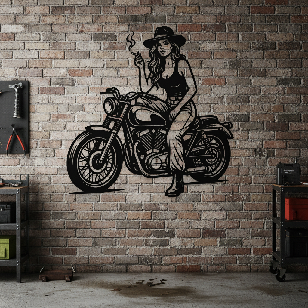 Bikerin auf Motorrad Metallschild