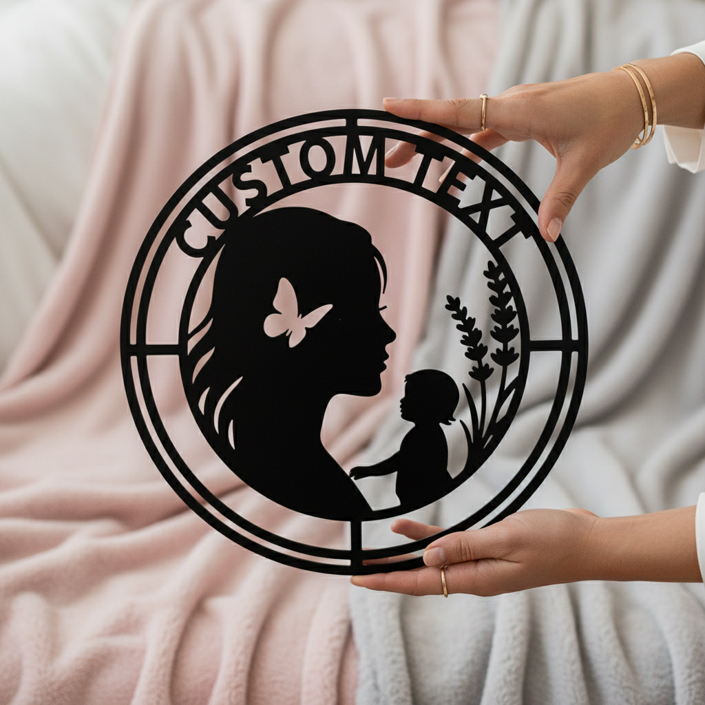 Personalisiertes Mutter-Baby-Metallschild mit Lavendel und Schmetterlingen aus schwarzem Stahl – Bild 8