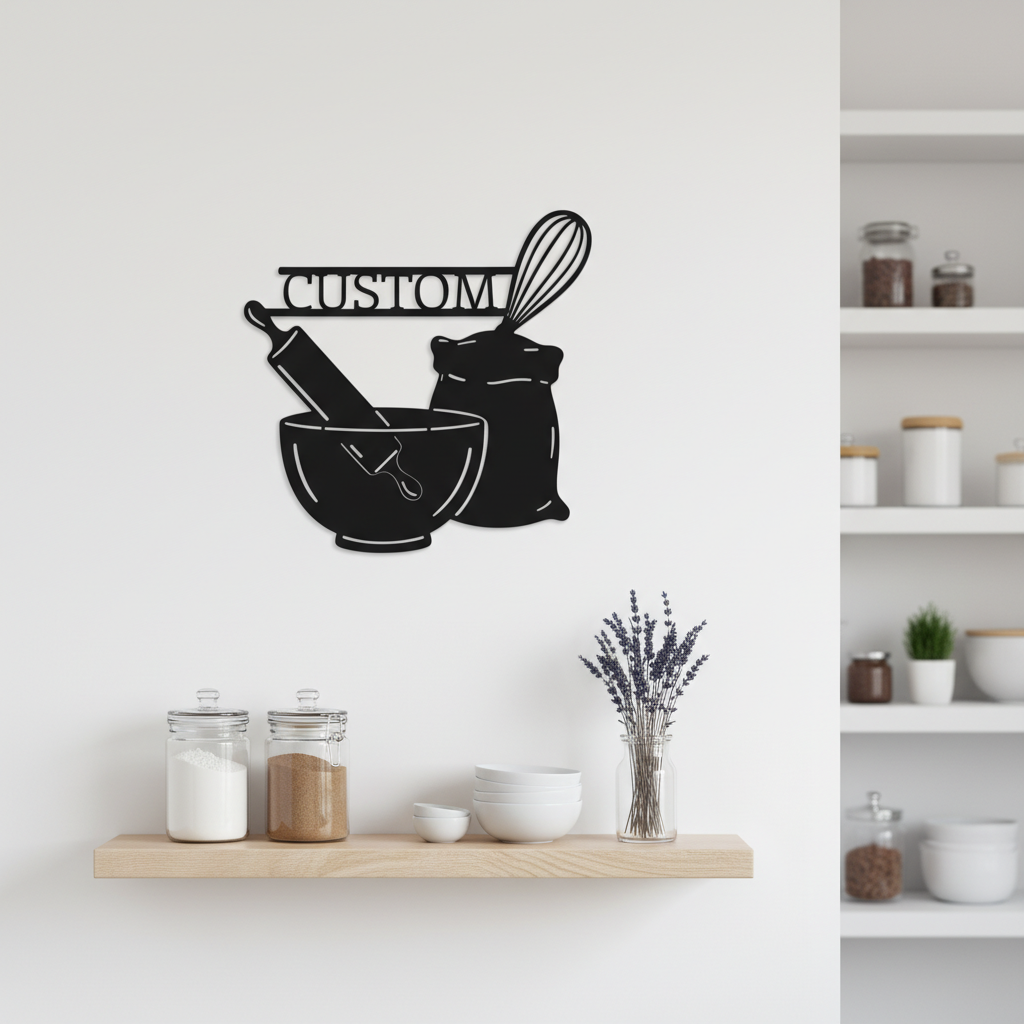 Personalized baking kitchen sign with mixing bowl, whisk and flour in black steel – image 8
