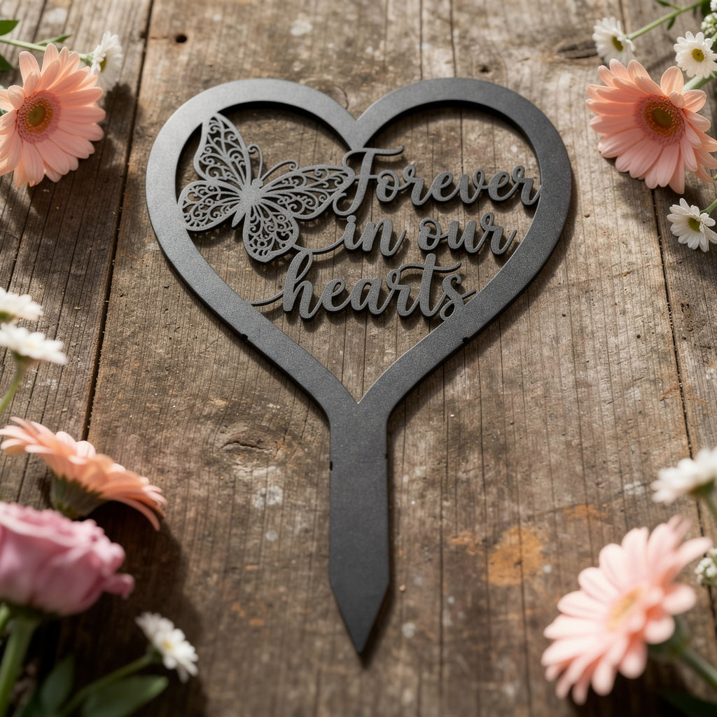 Forever in our hearts memorial stake with heart and butterfly in black steel – image 9