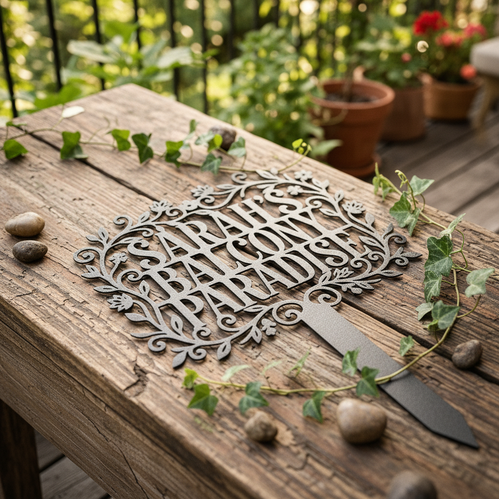 Personalisierter Gartenstecker Balcony Paradise mit Blumenrahmen und Namen aus schwarzem Stahl – Bild 3