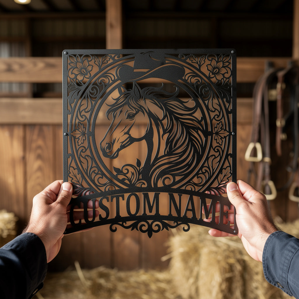 Personalisiertes Pferdeschild im Western-Stil mit Namen aus schwarzem Stahl – Bild 10