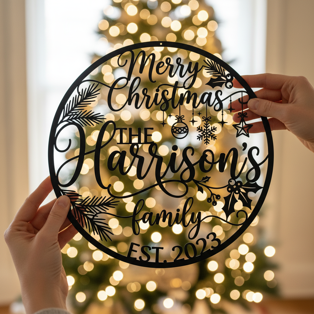 Personalisiertes Familienschild Merry Christmas mit Familienname aus schwarzem Stahl – Bild 7