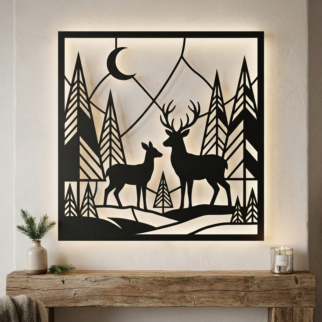Personalized deer family name sign with forest and mountains in black steel – image 2