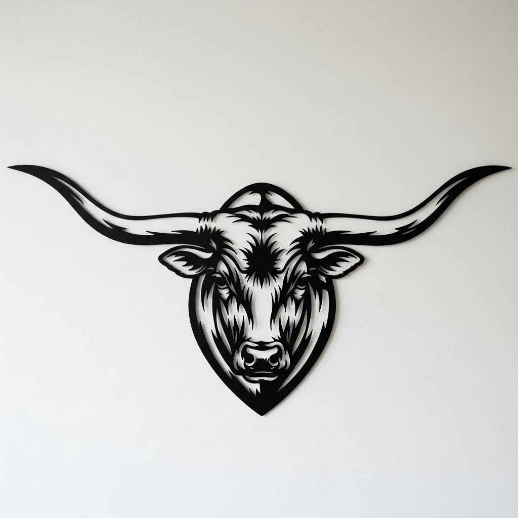 Longhorn Stierkopf Wanddeko mit ausladenden Hörnern aus schwarzem Stahl