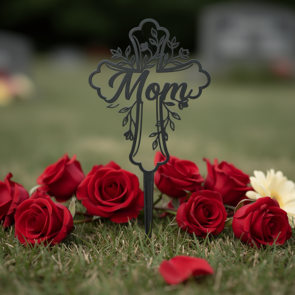 Gedenkstecker Mom mit Blumenkreuz als Grabschmuck aus schwarzem Stahl – Bild 2