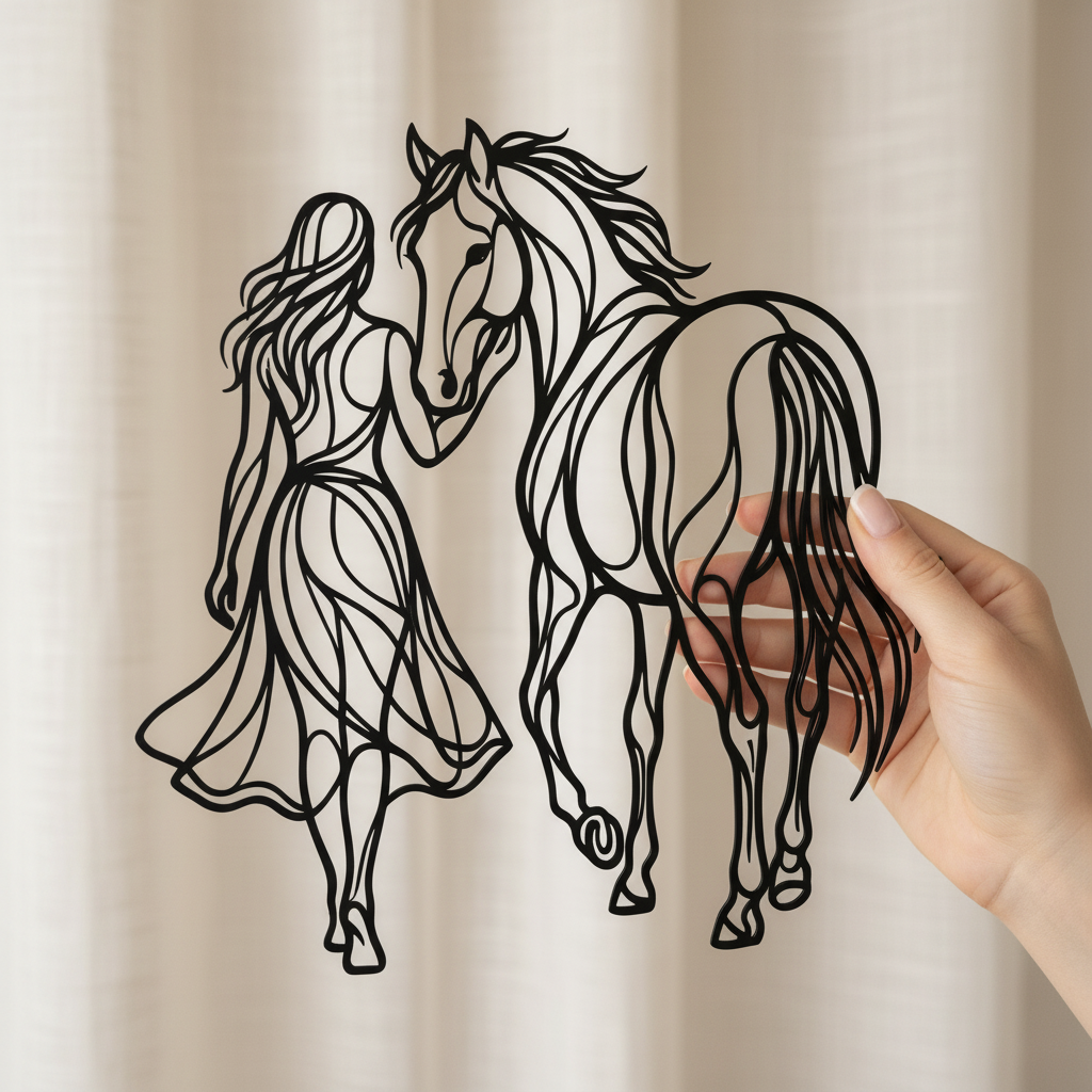 Frau mit Pferd als elegante Silhouette, Wanddeko aus schwarzem Stahl – Bild 7