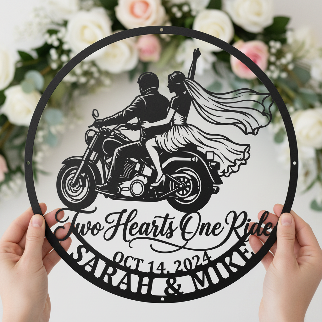 Personalized Just Married motorcycle wedding metal sign with names and date – image 4