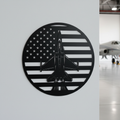 Round fighter jet metal sign with American flag in black steel