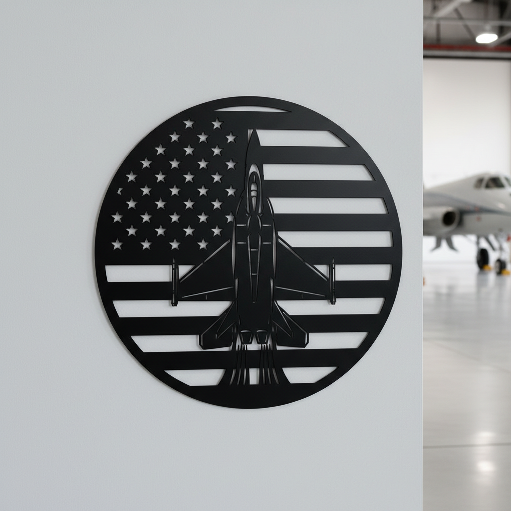 Kampfjet mit amerikanischer Flagge Metall Wanddeko rund – Bild 1