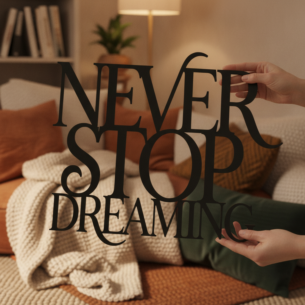 Metallschild mit Spruch Never Stop Dreaming als Wanddeko aus schwarzem Stahl – Bild 8