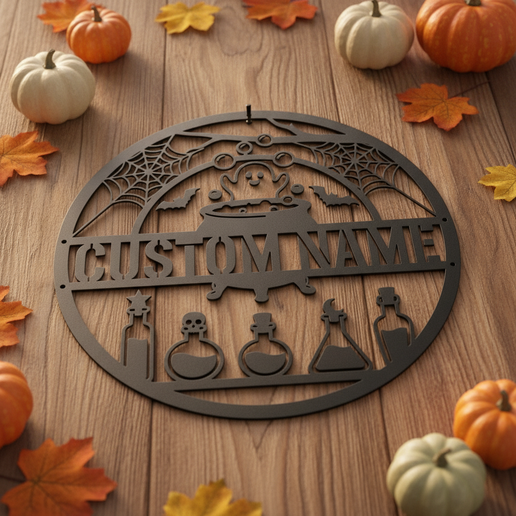 Personalized witch cauldron Halloween sign with name in black steel – image 9