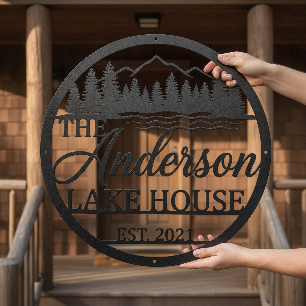 Personalized round lake house sign with mountains and pine trees in black steel – image 3