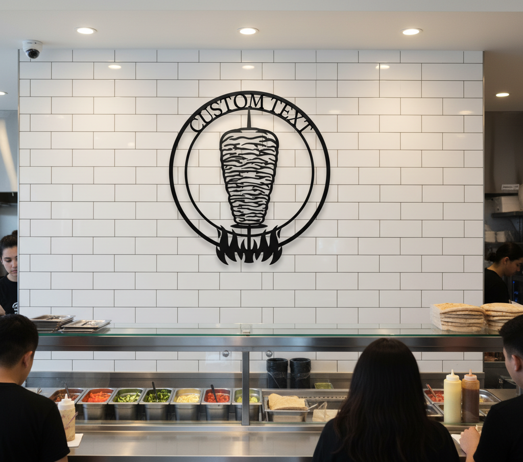 Personalisiertes rundes Döner Metallschild mit Spieß und Flammen aus schwarzem Stahl – Bild 4