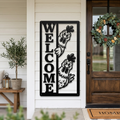 Vertical welcome sign with a peeking chicken in black steel