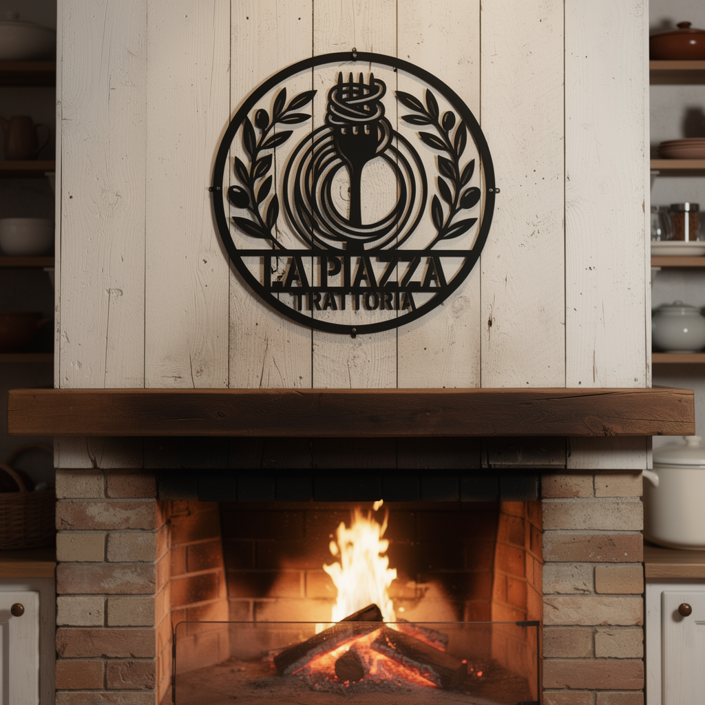 Personalized round Italian kitchen metal sign with pasta fork and olive branches – image 2