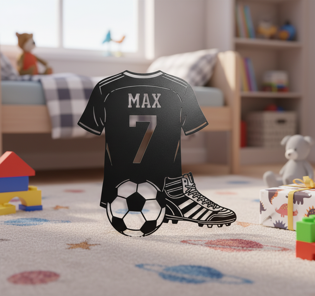 Personalisiertes Fußballtrikot Metallschild mit Name und Nummer aus Stahl