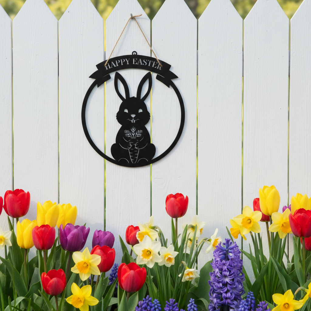 Round Happy Easter metal sign with bunny and carrot in black steel – image 9