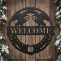 Round owl welcome sign with bells and horseshoe in black steel