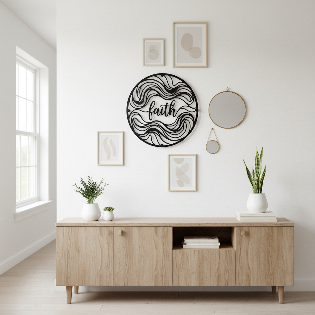 Round Faith metal sign with abstract waves in black steel – image 7