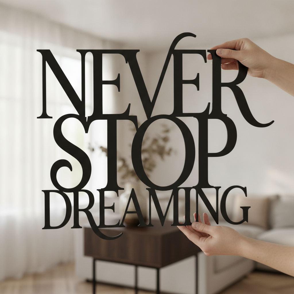 Metallschild mit Spruch Never Stop Dreaming als Wanddeko aus schwarzem Stahl – Bild 3