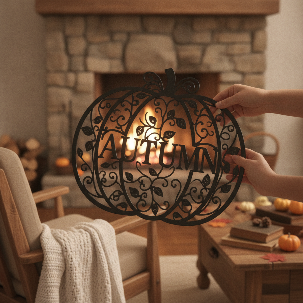 Fall pumpkin metal wall art with filigree vines and autumn leaves in black steel – image 8