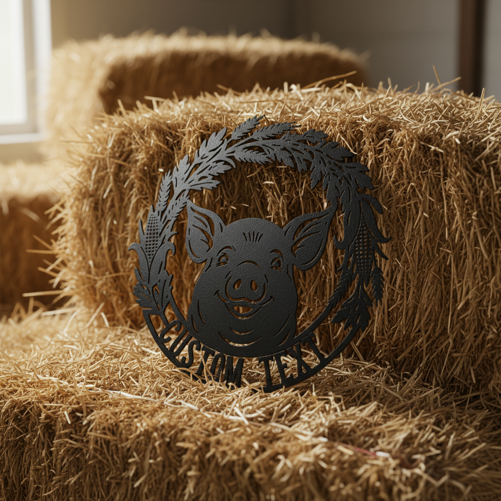 Personalized pig head farm sign with leaf wreath and name in black steel – image 9