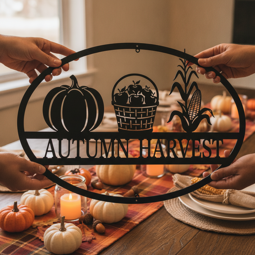 Oval Autumn Harvest metal sign with pumpkins and fall leaves in black steel – image 10