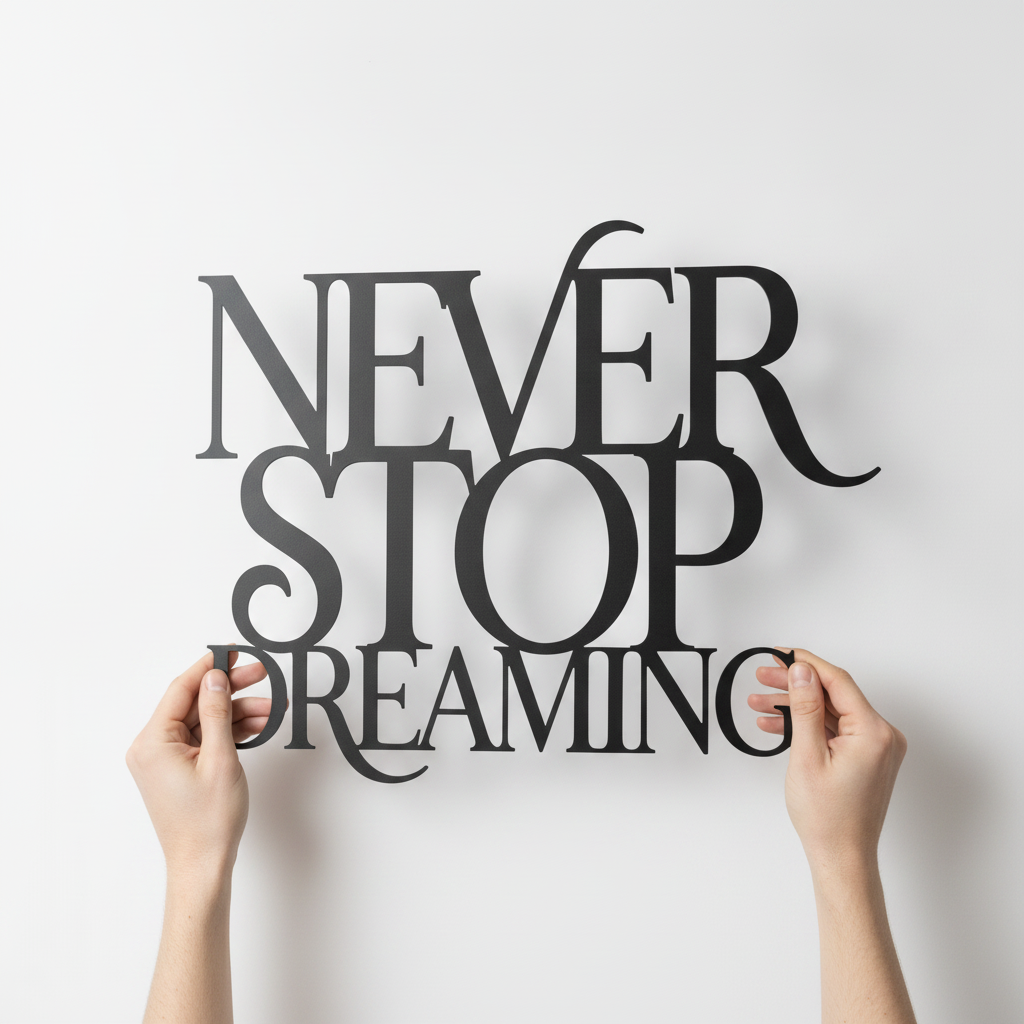 Metallschild mit Spruch Never Stop Dreaming als Wanddeko aus schwarzem Stahl – Bild 5