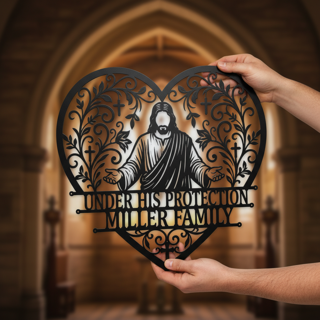 Personalized Jesus heart Christian metal sign with name in black steel – image 4