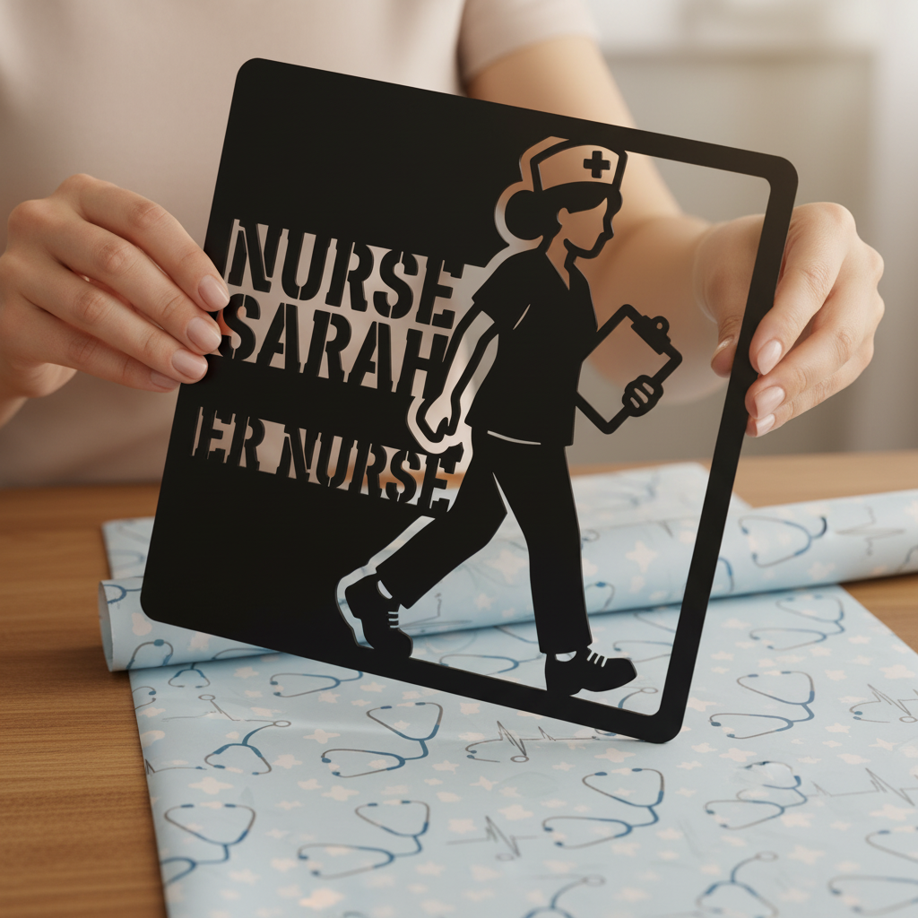 Personalized square nurse metal sign with clipboard, stethoscope and name in black steel – image 8