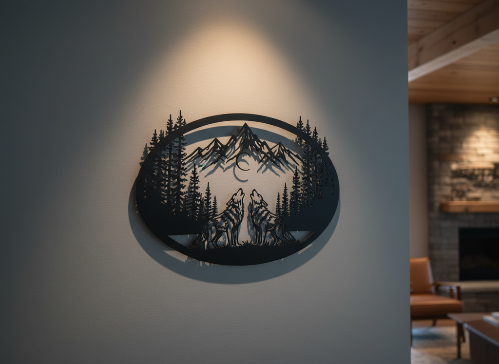 Oval howling wolves metal wall art with mountains and crescent moon in black steel – image 7