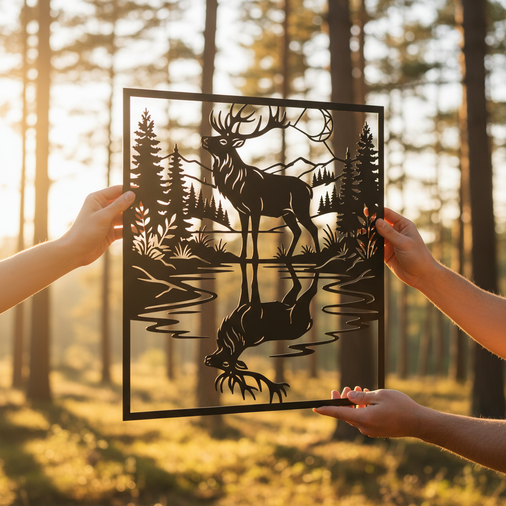 Hirsch mit Spiegelbild im See vor Bergen und Tannenwald, quadratisches Metallschild – Bild 10